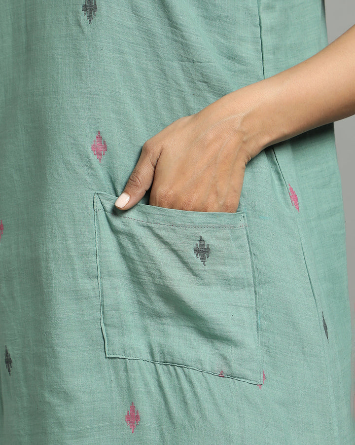 Green Cotton Handloom Dress | SHOBITAM