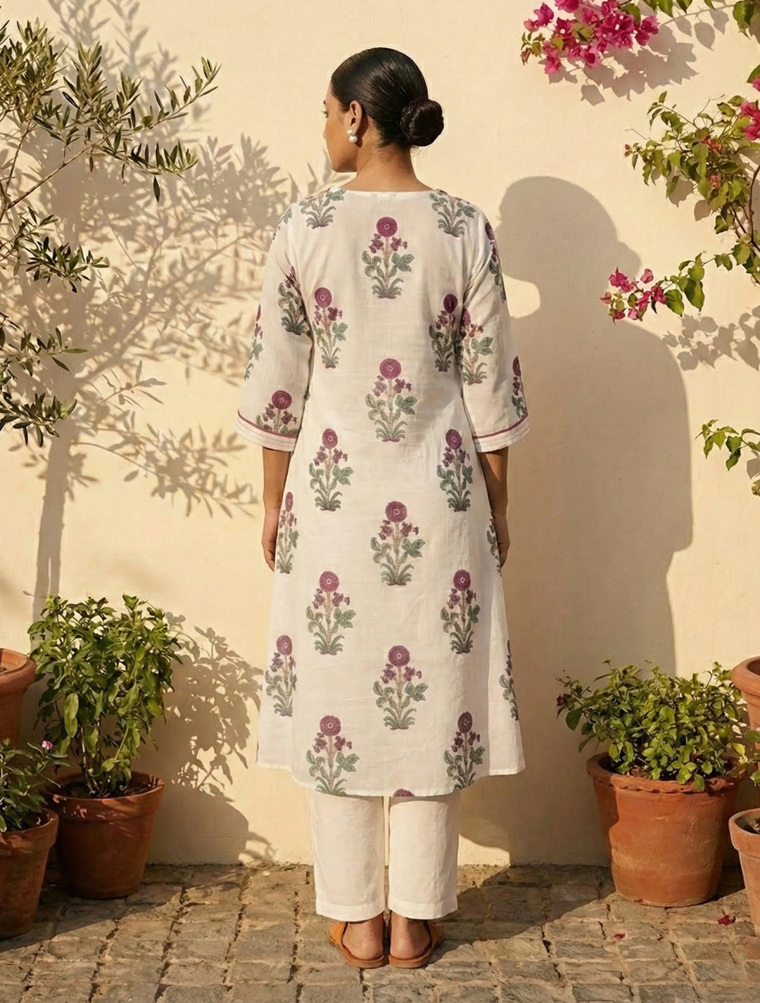 White Purple Print V-Neck Kurta Pant Dupatta Set | SHOBITAM