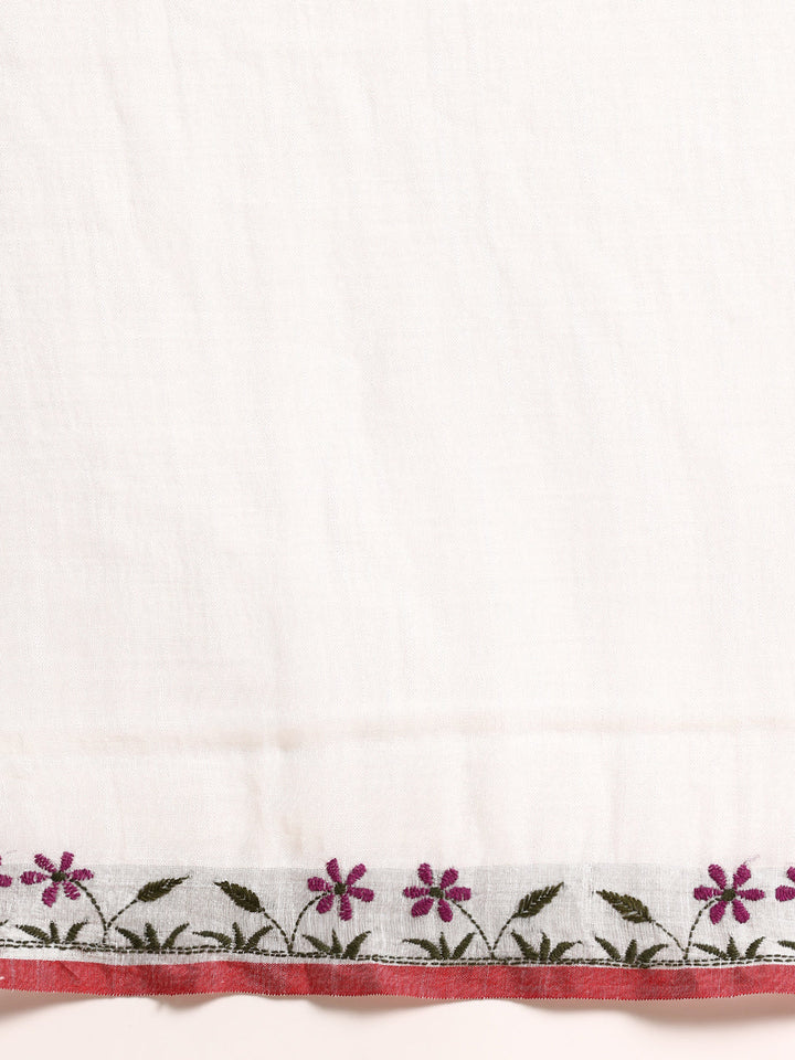 White Linen Kantha Saree with Minimal Border and Blouse piece