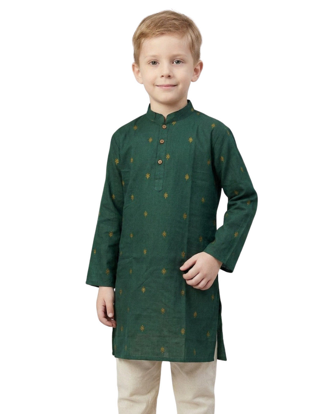 Boys Green Printed Mandarin Collar Cotton Kurta Set | SHOBITAM