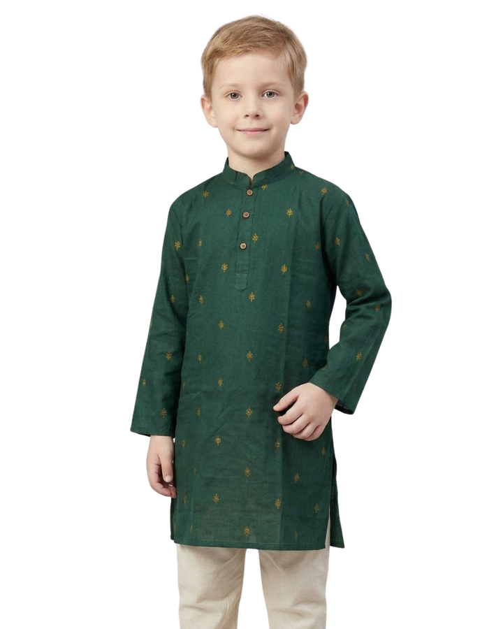 Boys Green Printed Mandarin Collar Cotton Kurta Set | SHOBITAM