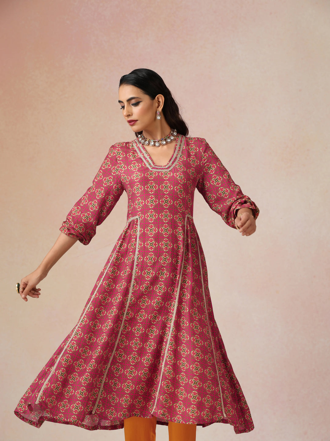 Pink Print Viscose Fit And Flared Kurta Set| SHOBITAM