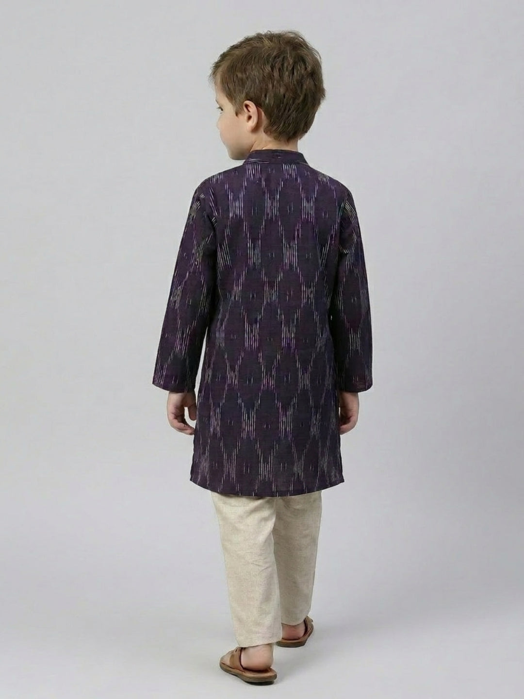 Boys Navy Blue Printed Mandarin Collar Cotton Kurta Set | SHOBITAM