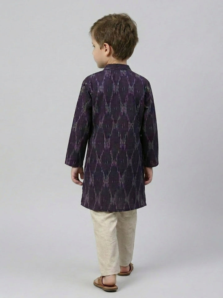 Boys Navy Blue Printed Mandarin Collar Cotton Kurta Set | SHOBITAM