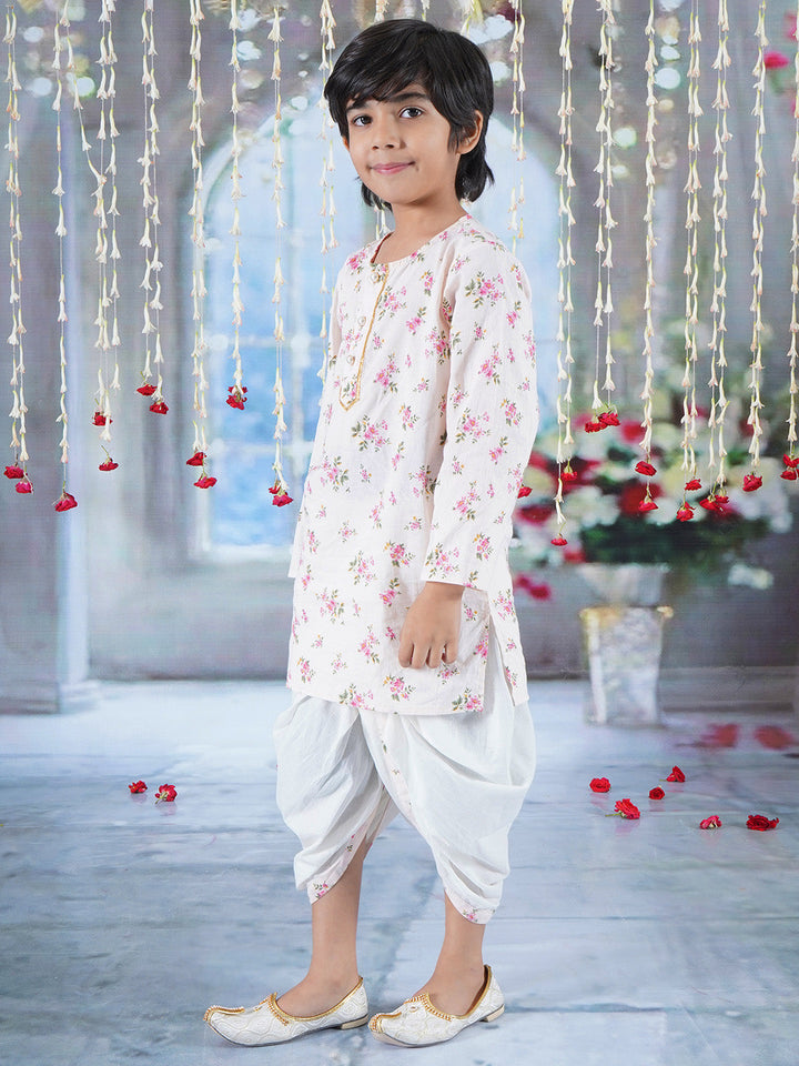 Boys Cotton Full Sleeves Kurta Dhoti with Garden Floral Print and Pearl Buttons - Beige Pink  | SHOBITAM
