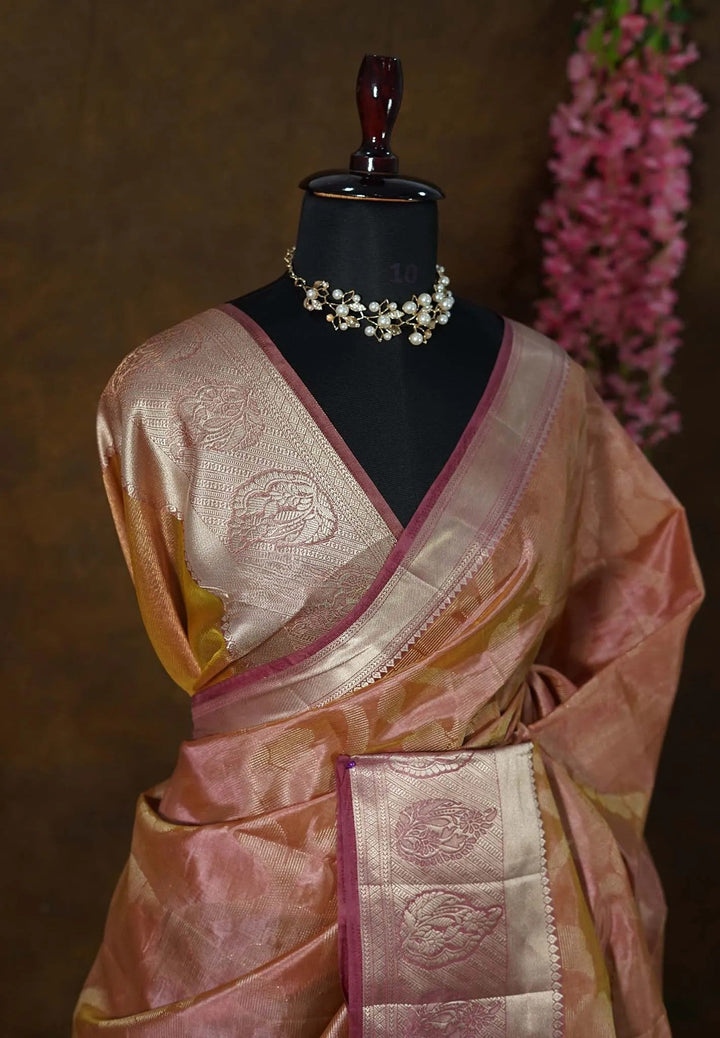 Onion Peach Semi Tussar Saree with Zari detailing | SHOBITAM