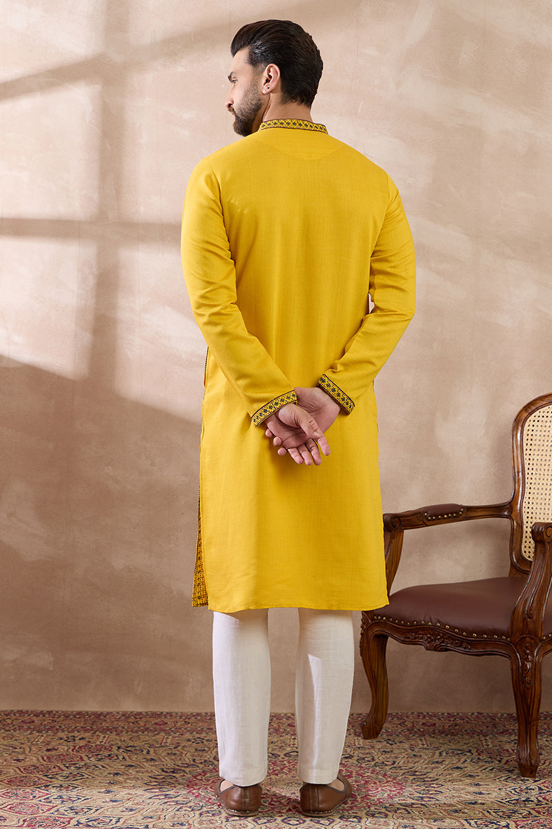 Yellow Silk Blend Embroidered Mandarin Collar Straight Kurta With Trouser | SHOBITAM