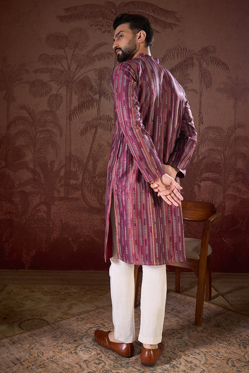 Purple Silk Blend Striped Printed Straight Kurta With Trouser | SHOBITAM