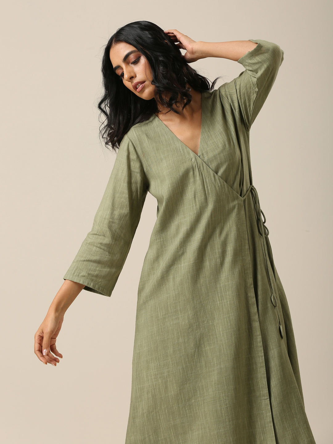 Sage Slub Texture Angrakha Pant Set | SHOBITAM