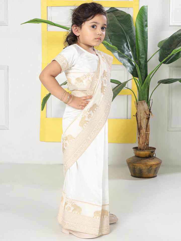 Cream Elephant Zari Embroidery Ready to Wear Saree with Stitched Blouse set | SHOBITAM