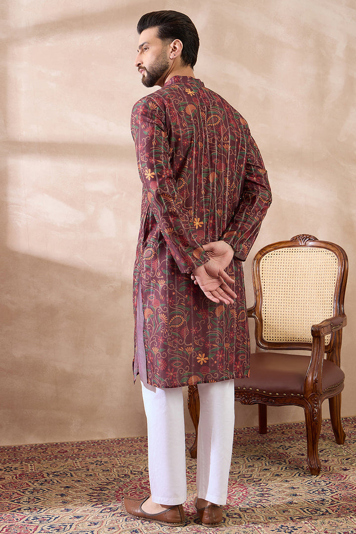 Maroon Silk Blend Printed Mandarin Collar Straight Kurta | SHOBITAM