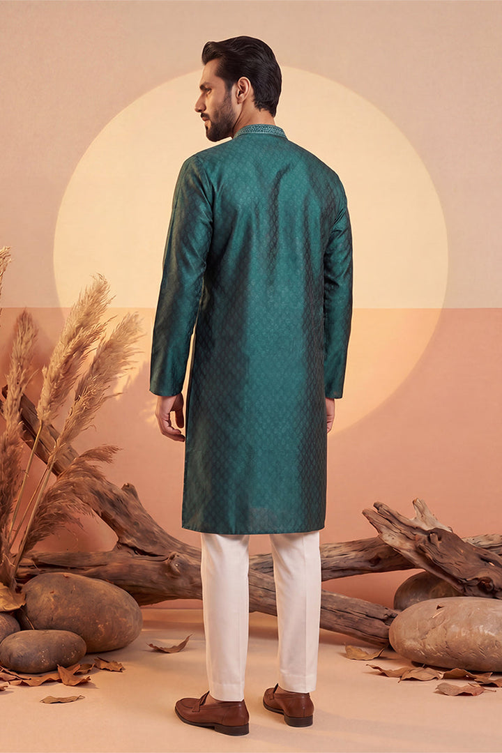 Mens Green Silk Blend Woven Design Straight Kurta With Trouser | SHOBITAM
