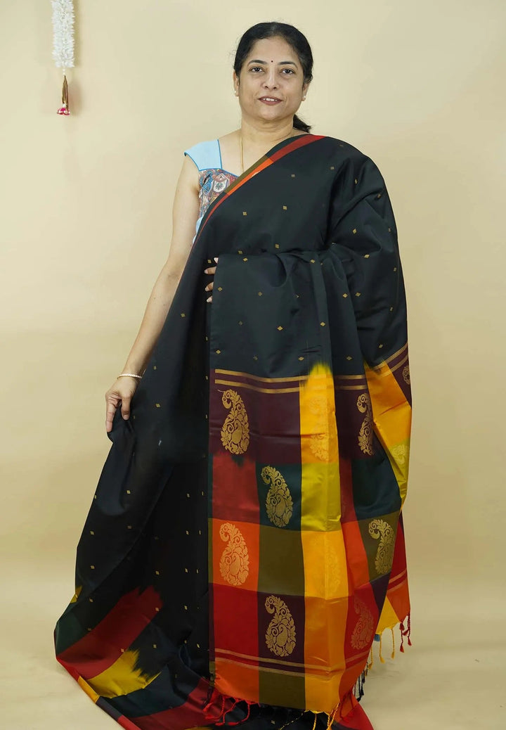 Black Art Silk Saree with Sunset Kattam Checks | SHOBITAM