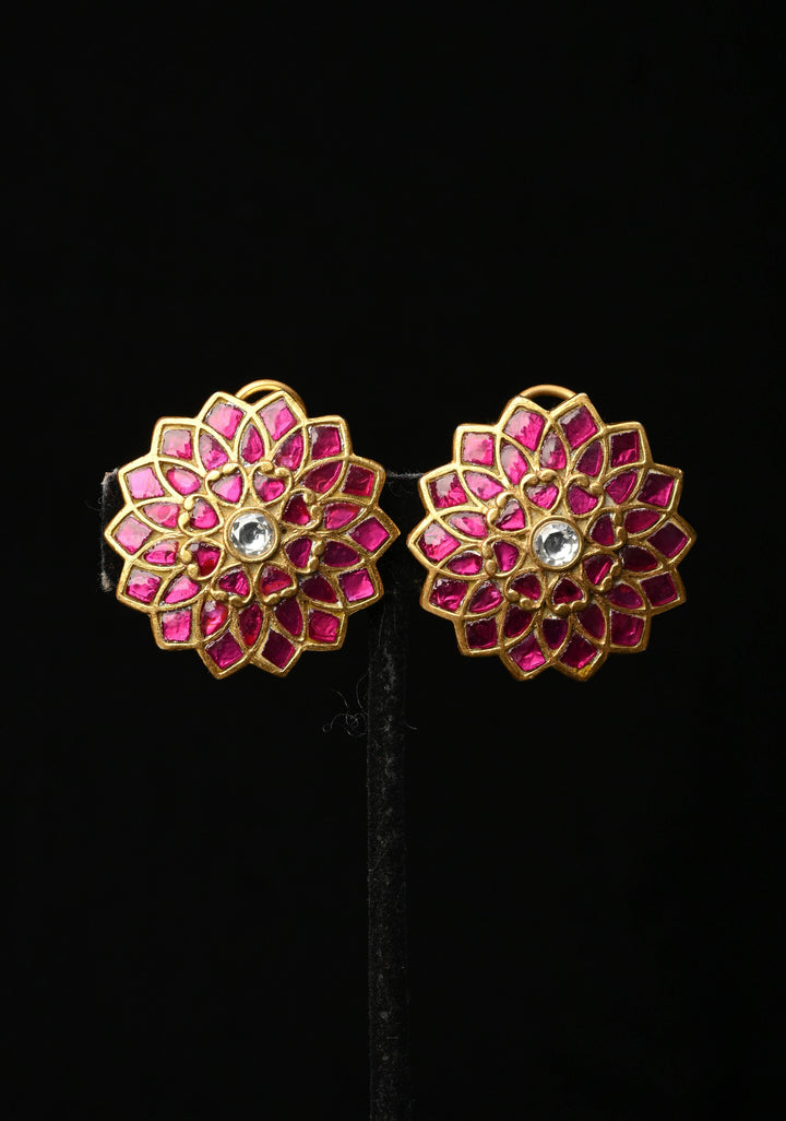 92.5 Silver Pink Stone Large Floral Studs