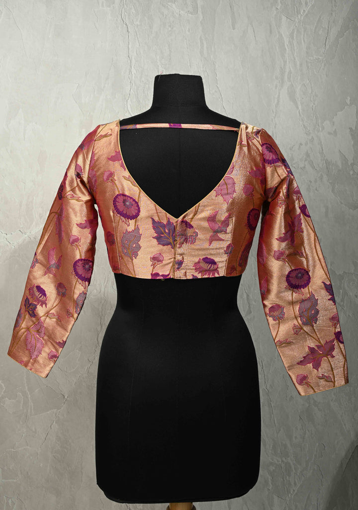 SIZE 36" Rose Gold Paithani Style  Boat Neck Blouse with Meenakari  Pichwai Semi Silk Brocade and Full Sleeves