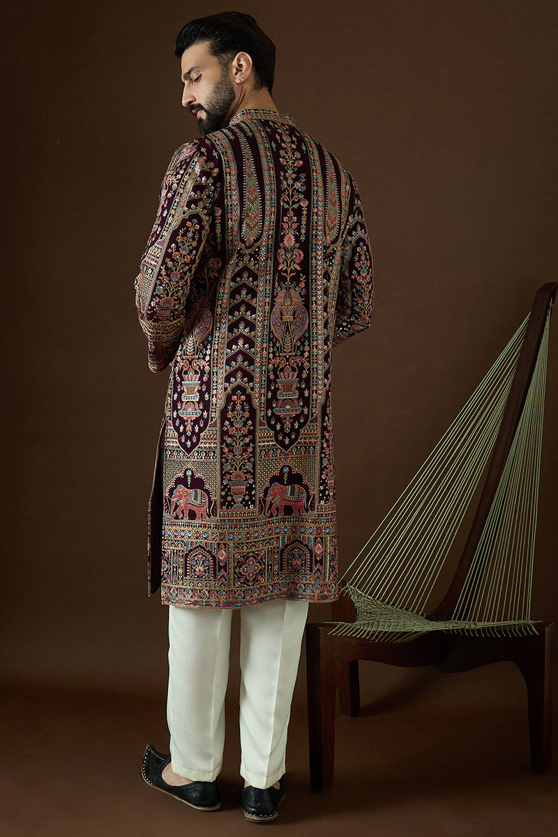 Purple Georgette Solid Embroidered Straight Kurta | SHOBITAM