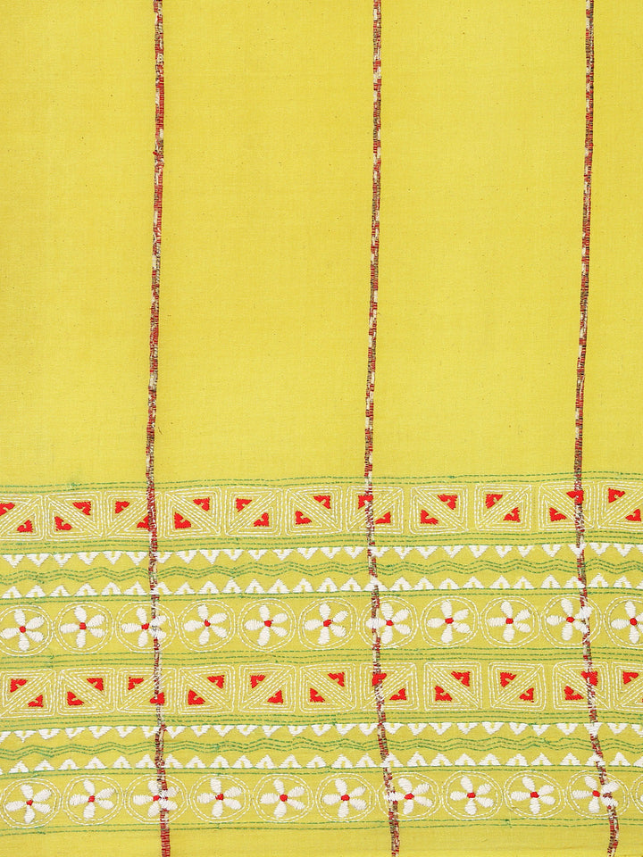 Yellow Khesh Kantha Cotton Saree | SHOBITAM