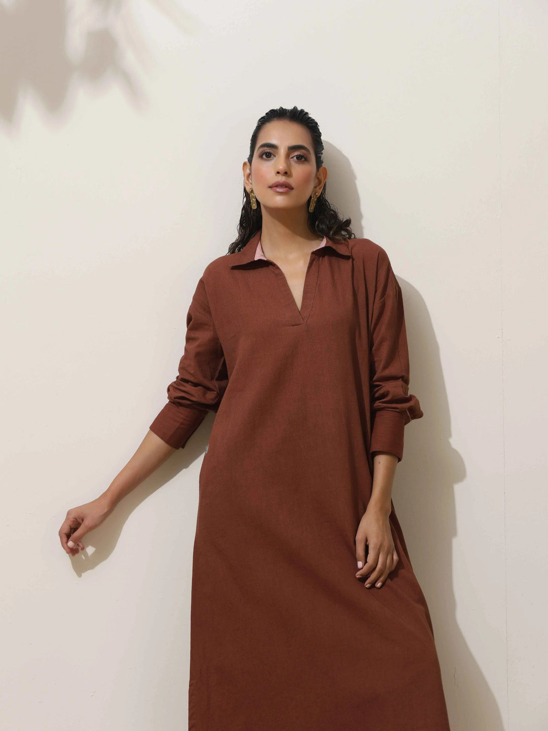 Brown Cotton Linen Kurta Pant Set | SHOBITAM