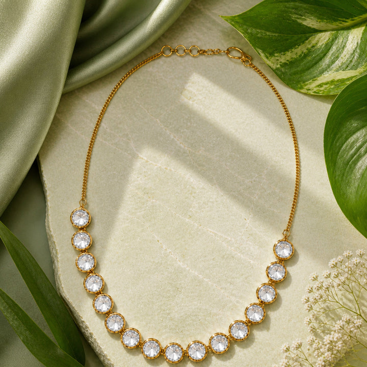 Gold Graduating CZ Tennis Necklace — Round Bezel Set Stones  | SHOBITAM