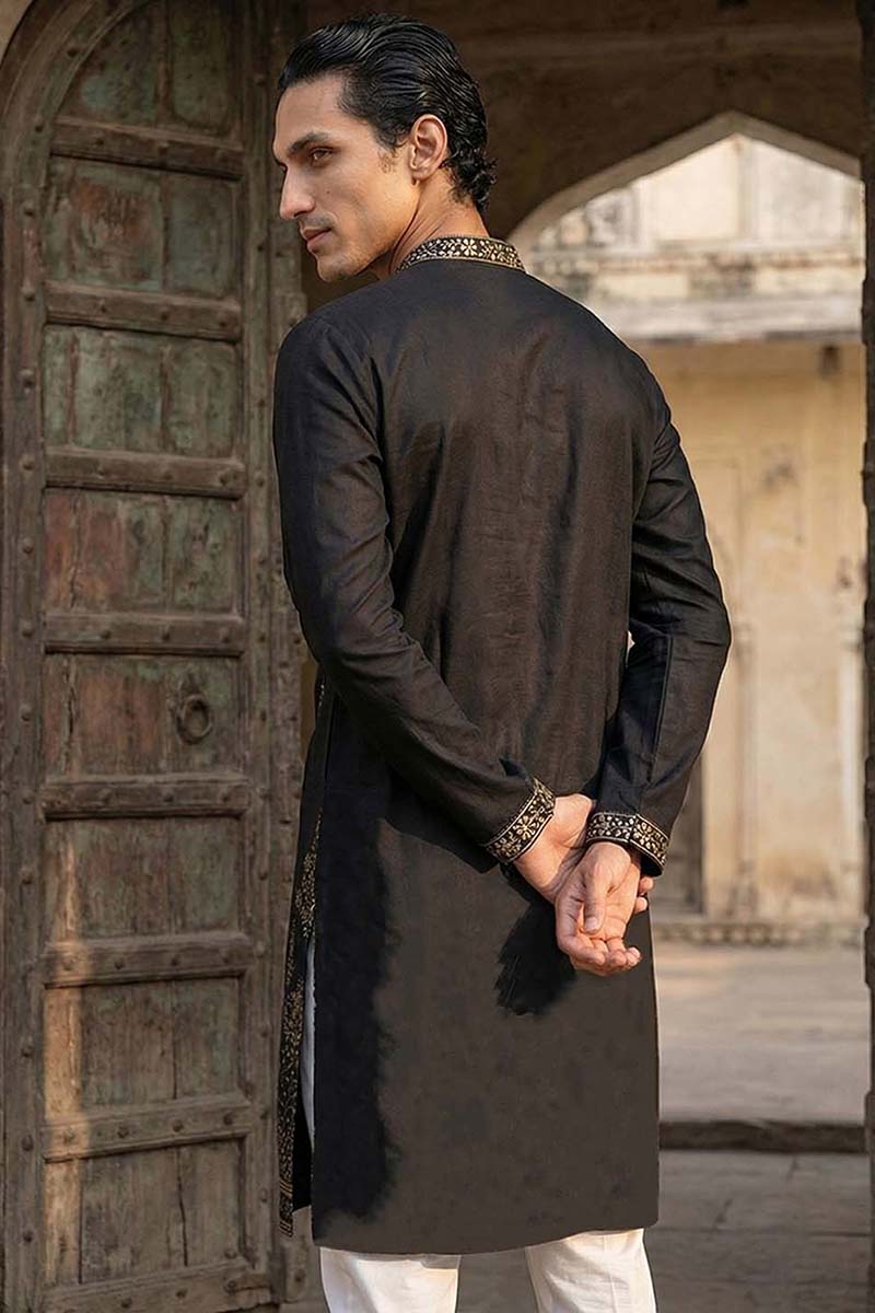Silk Blend Black Solid Embroidered Calf Length Straight Kurta | SHOBITAM