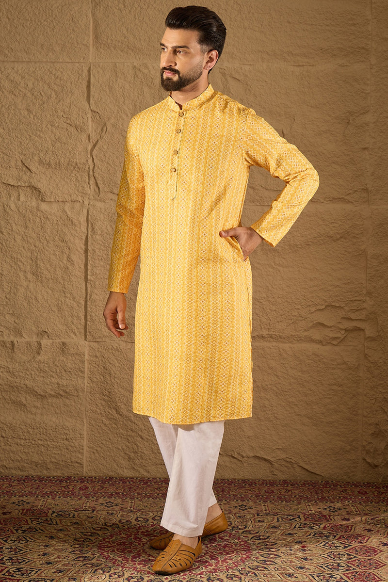 Yellow Silk Blend Geometric Embroidered Straight Kurta with Trouser  | SHOBITAM