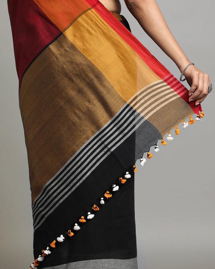 Handloom Colour block Cotton Saree with pompoms | SHOBITAM