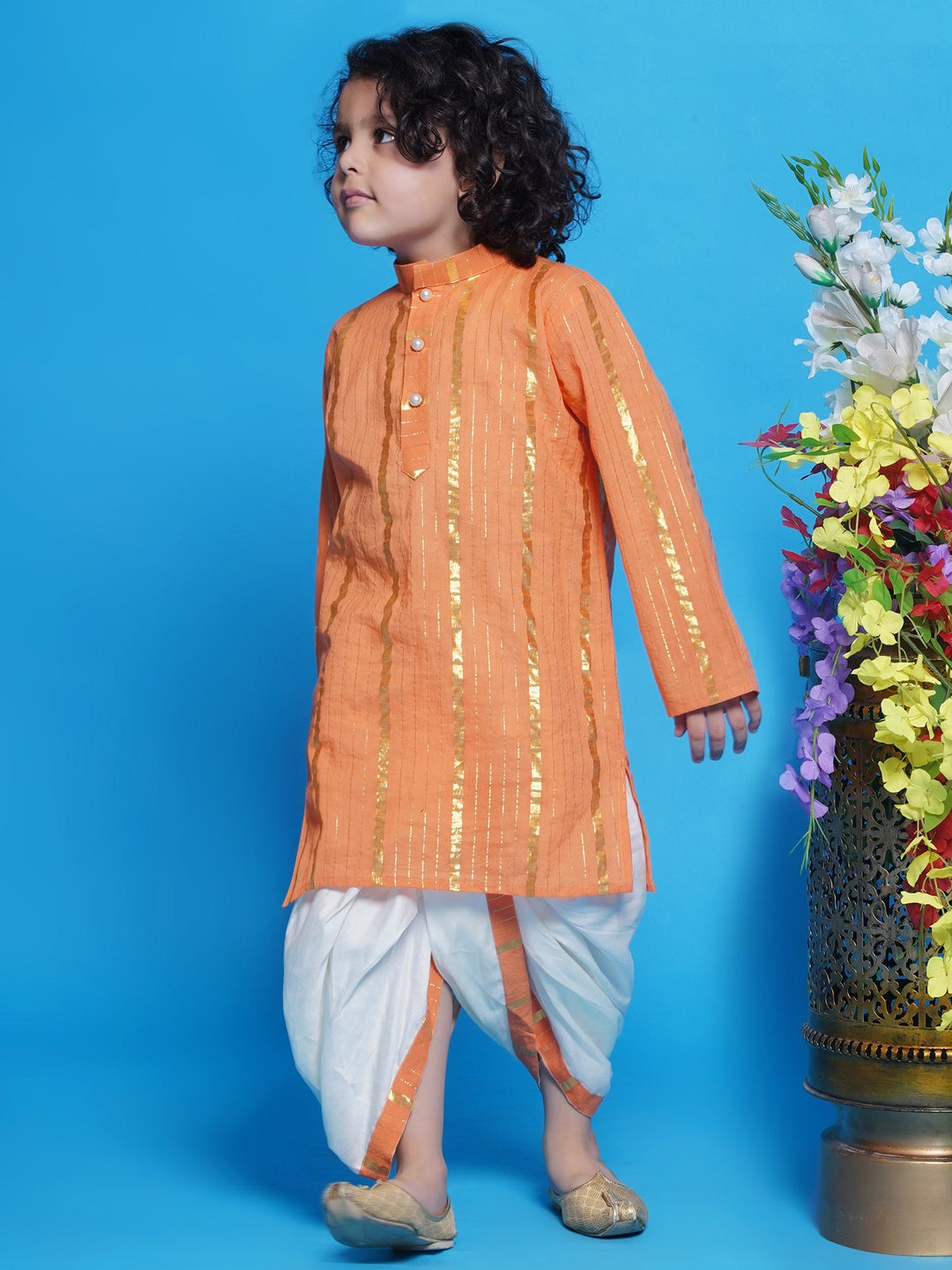 Narangi Kurta Dhoti with Golden Strips - Orange | SHOBITAM