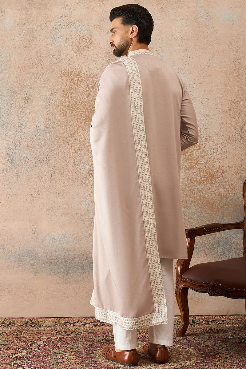Mens Beige Silk Blend Solid Embroidered Kurta Trouser With Dupatta | SHOBITAM