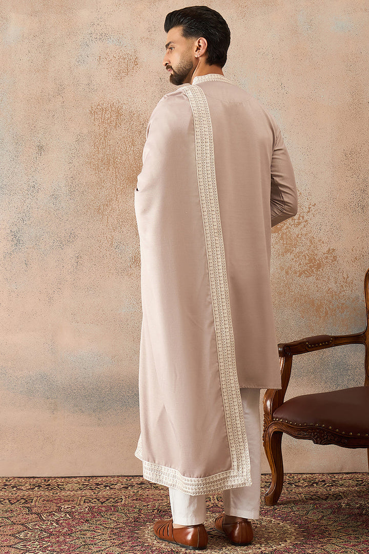 Mens Beige Silk Blend Solid Embroidered Kurta Trouser With Dupatta | SHOBITAM