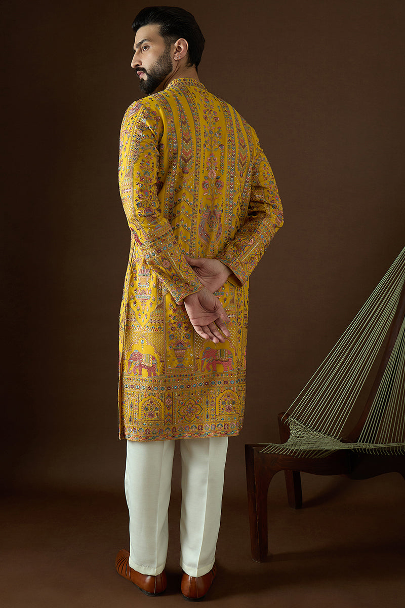 Yellow Georgette Solid Embroidered Straight Kurta| SHOBITAM
