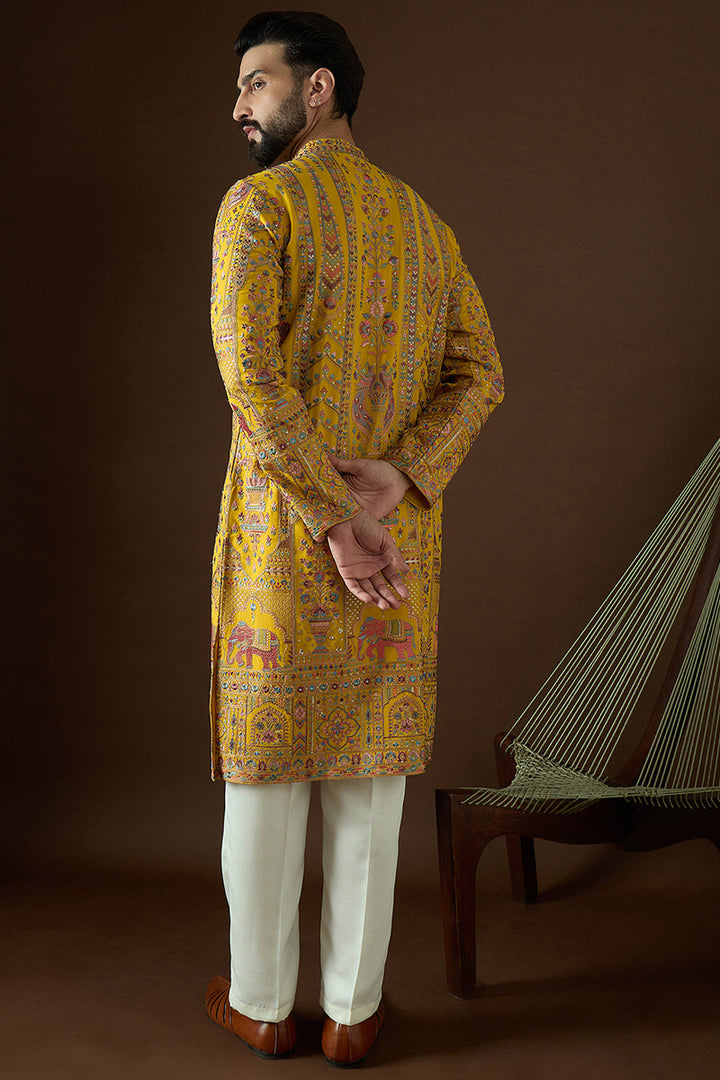 Yellow Georgette Solid Embroidered Straight Kurta| SHOBITAM
