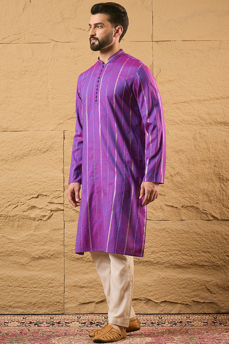 Purple Pure Cotton Solid Embroidered Straight Kurta with Trouser  | SHOBITAM