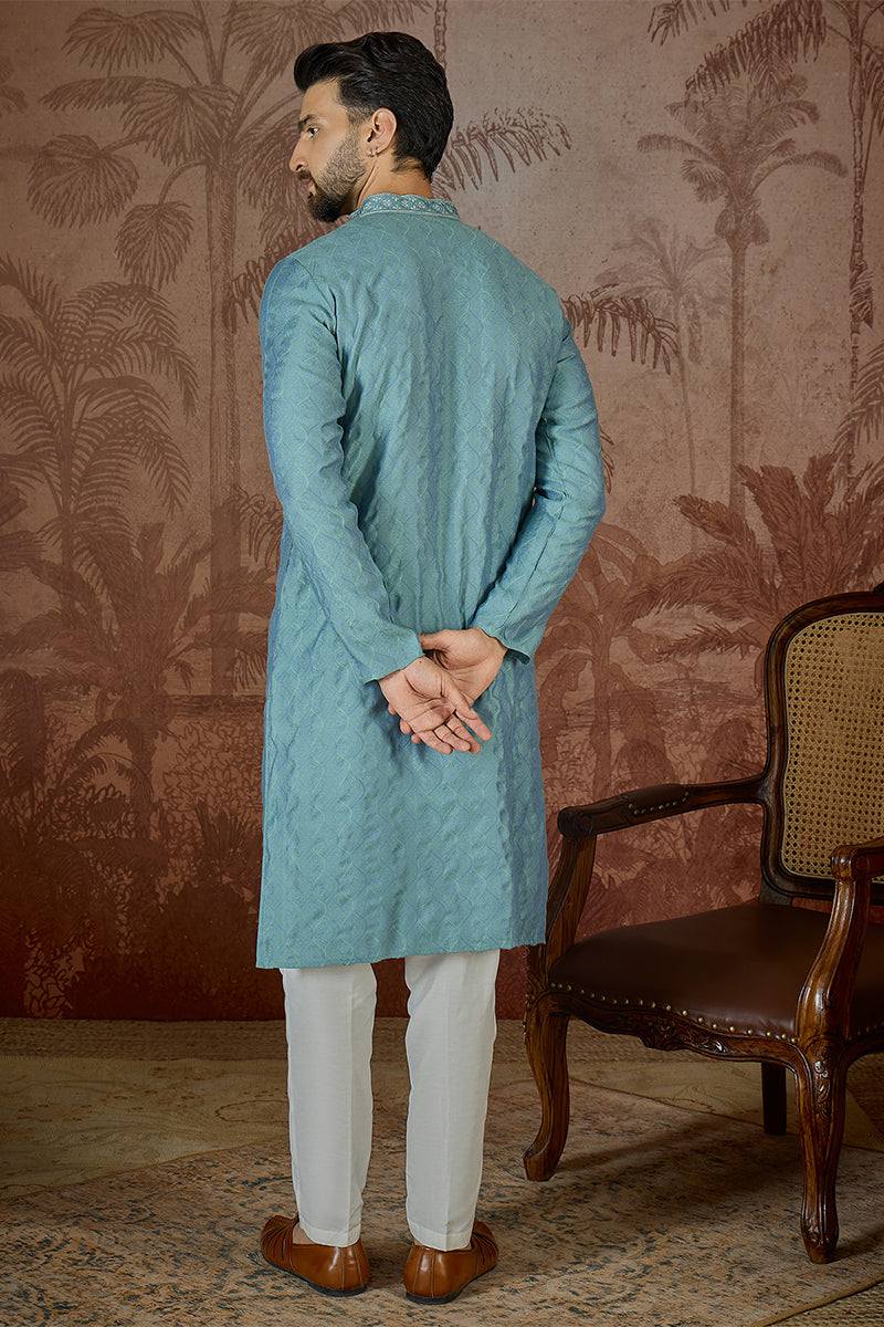 Mens Teal Jacquard Solid Embroidered Kurta With Trouser  | SHOBITAM