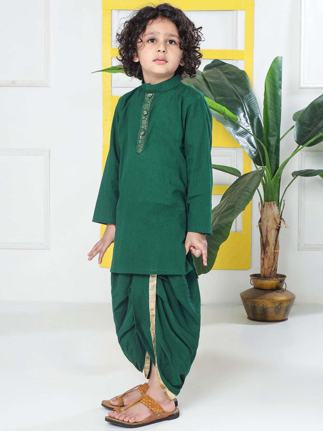Green Minimal Zari Embroidery Cotton Kurta Dhoti set | SHOBITAM