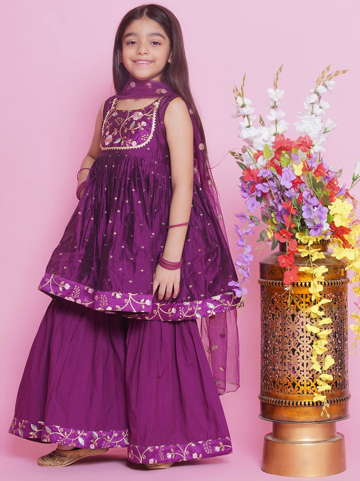 Girls Chanderi Semi- Silk Sleeveless Floral Embrodiery Kurta Frock with Sharara and Dupatta -Rayon Purple | SHOBITAM