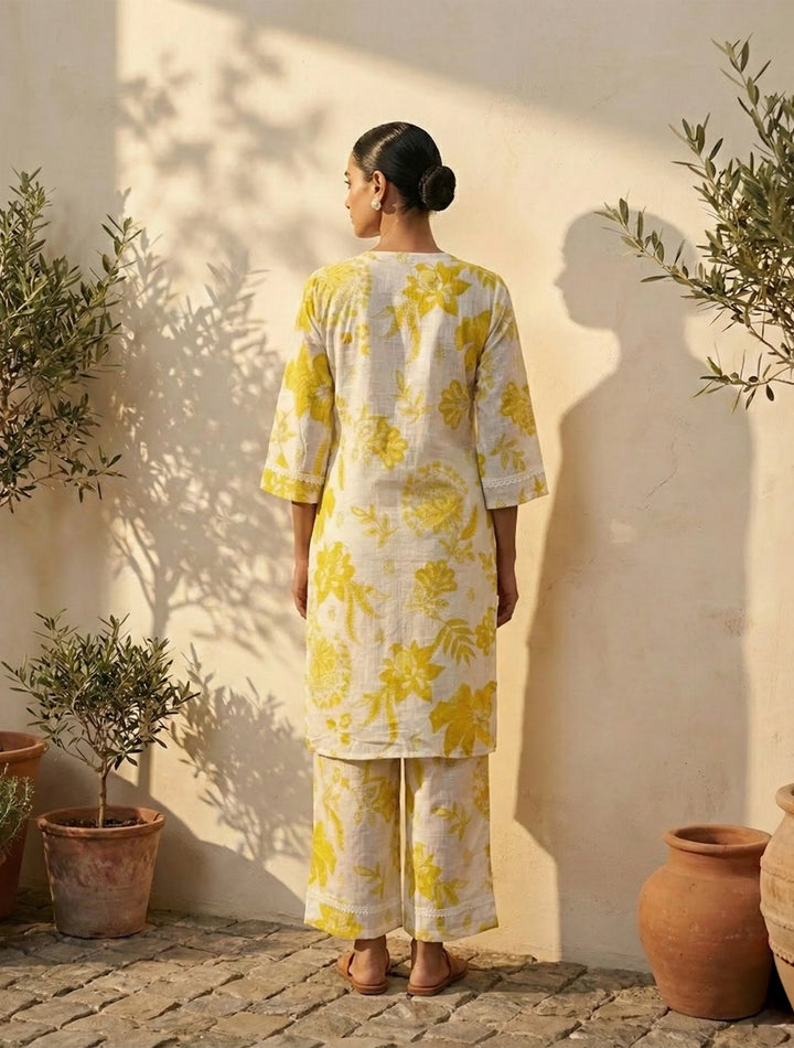 White Yellow Floral Print Kurta Pant Set | SHOBITAM