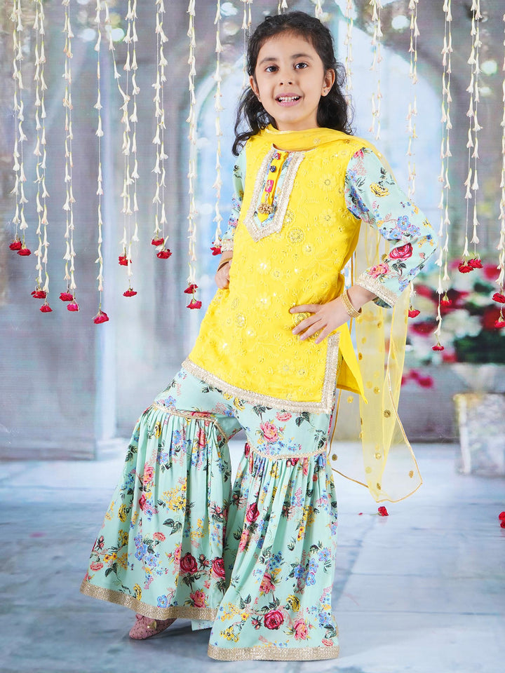 Rajasthani Floral Embroidery & Print Kurta Sharara - Yellow & Green | SHOBITAM