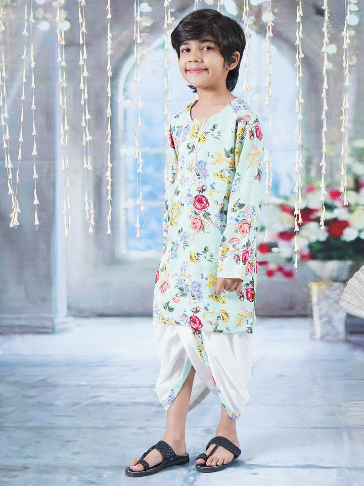Boys Cotton Full Sleeves Kurta Dhoti with Rose Floral Print and Pearl Buttons - Green  | SHOBITAM
