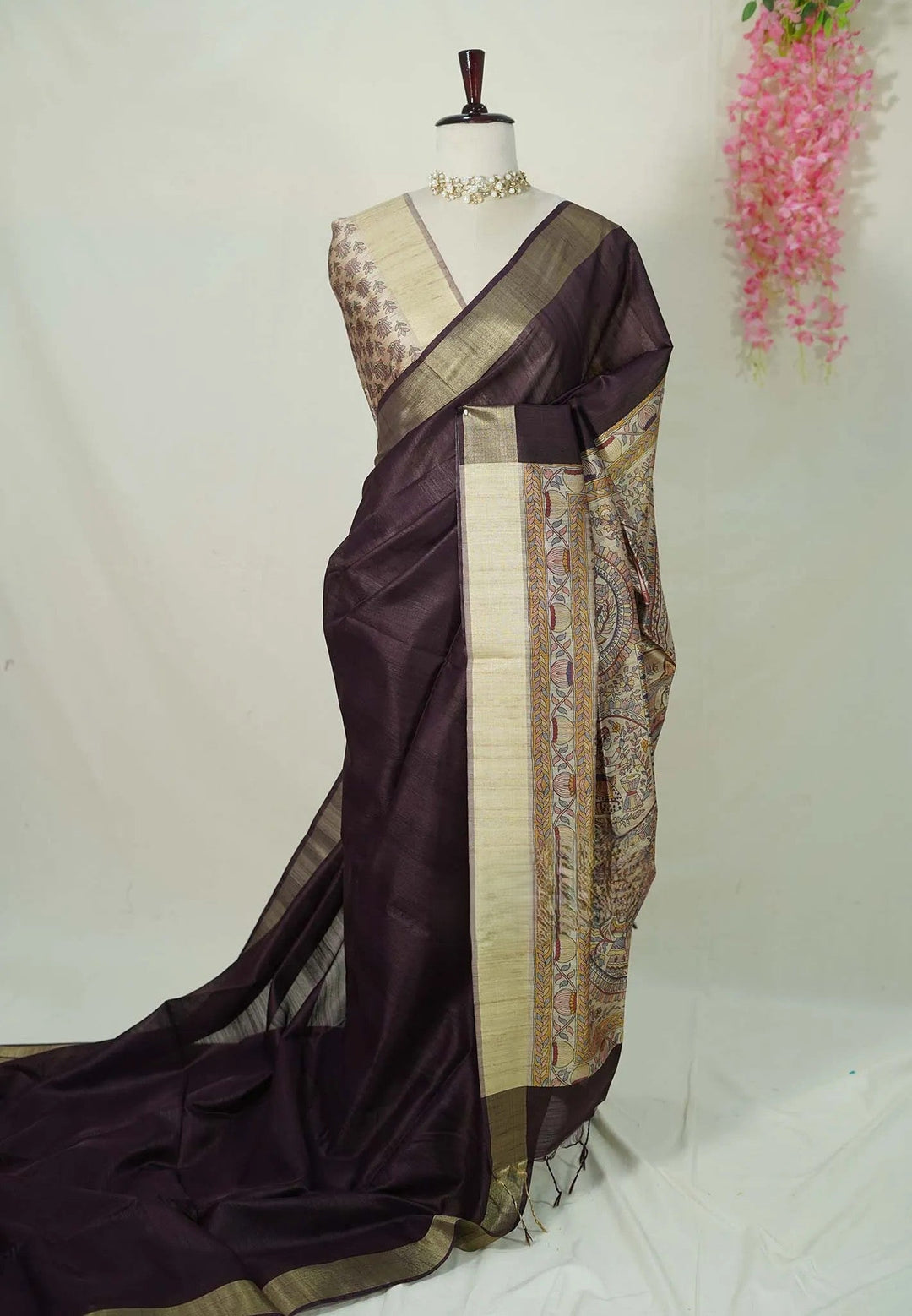 Brown - Roopa - Premium Chaapa semi tussar with Madhubani style pallu | SHOBITAM