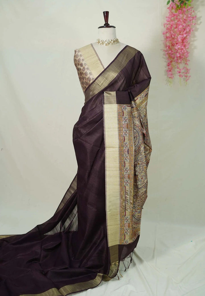 Brown - Roopa - Premium Chaapa semi tussar with Madhubani style pallu | SHOBITAM