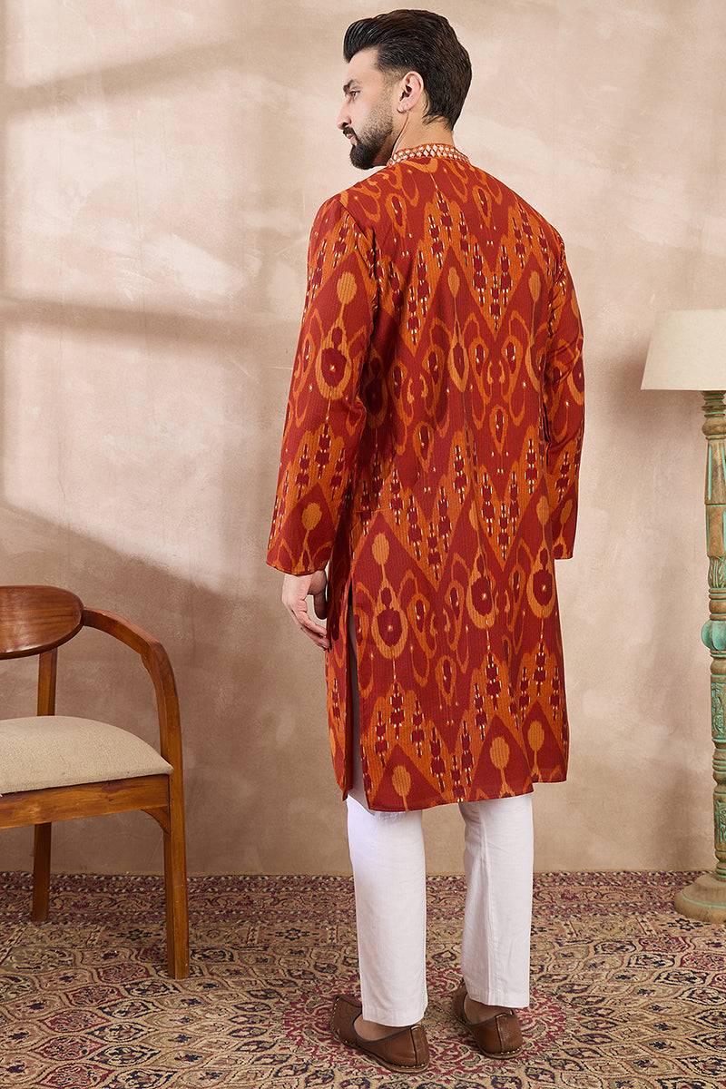 Orange Silk Blend Chevron Printed Straight Kurta With Trouser | SHOBITAM