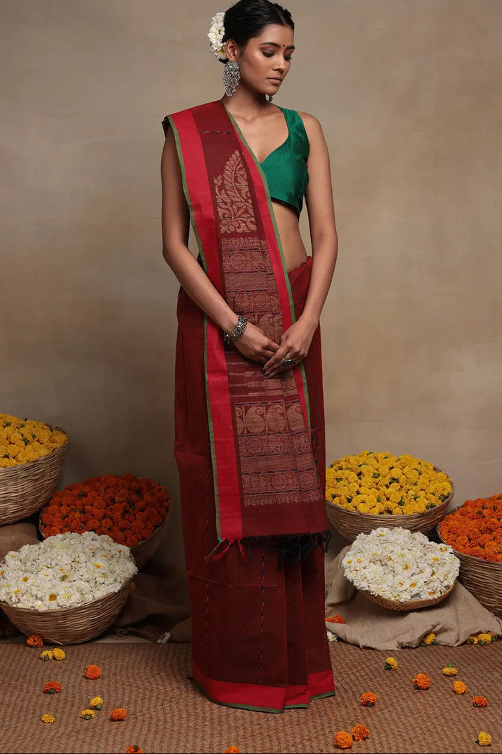 Traditional Maroon Handloom Cotton Kanchi Saree | SHOBITAM