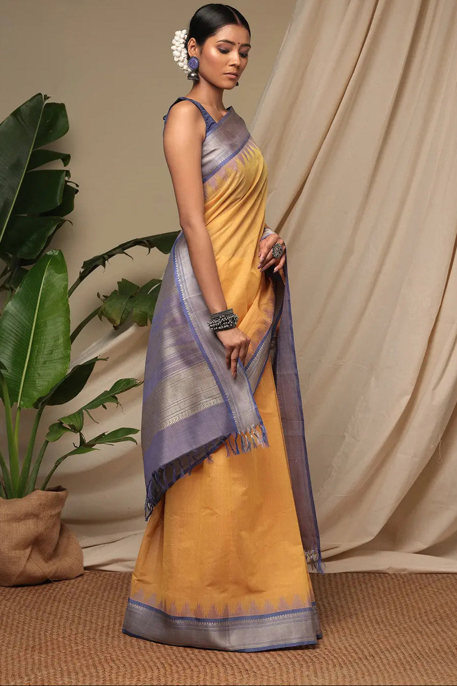 Handloom Butter Yellow Pure Cotton Kanchi Saree With Pure Silk Border And Pallu | SHOBITAM