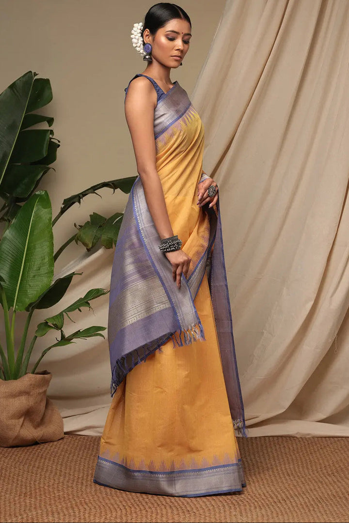 Handloom Butter Yellow Pure Cotton Kanchi Saree With Pure Silk Border And Pallu | SHOBITAM