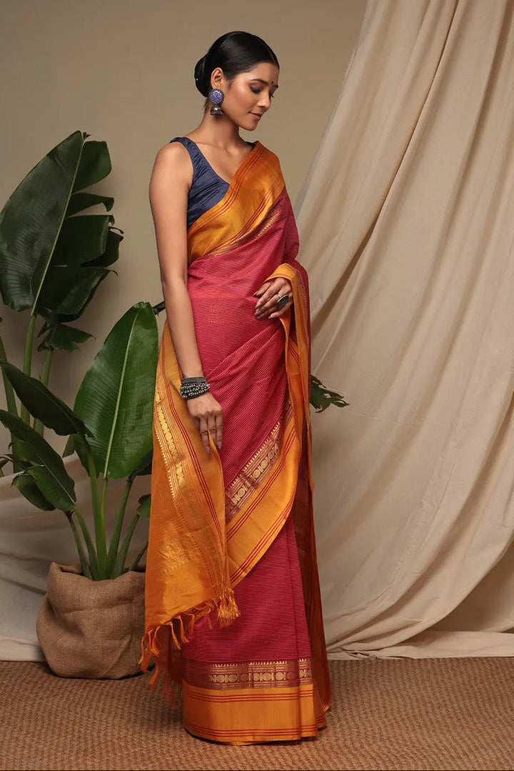 Handloom Candy Red Pure Cotton Kanchi Saree With Pure Silk Border And Pallu | SHOBITAM