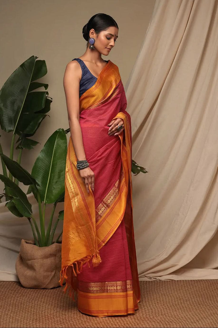 Handloom Candy Red Pure Cotton Kanchi Saree With Pure Silk Border And Pallu | SHOBITAM
