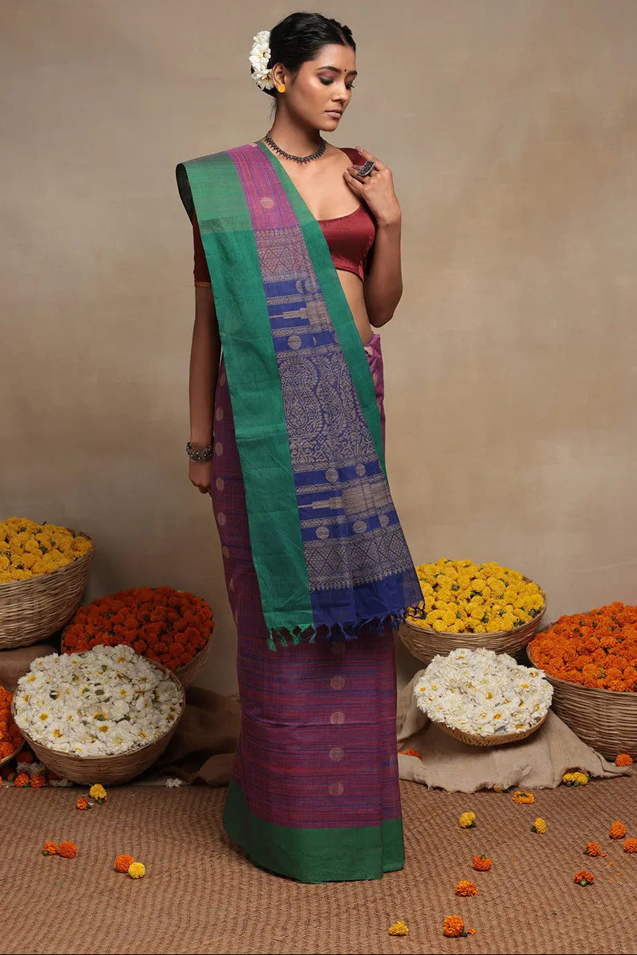Blue And Pink Pure Cotton Handloom Kanchi Saree | SHOBITAM
