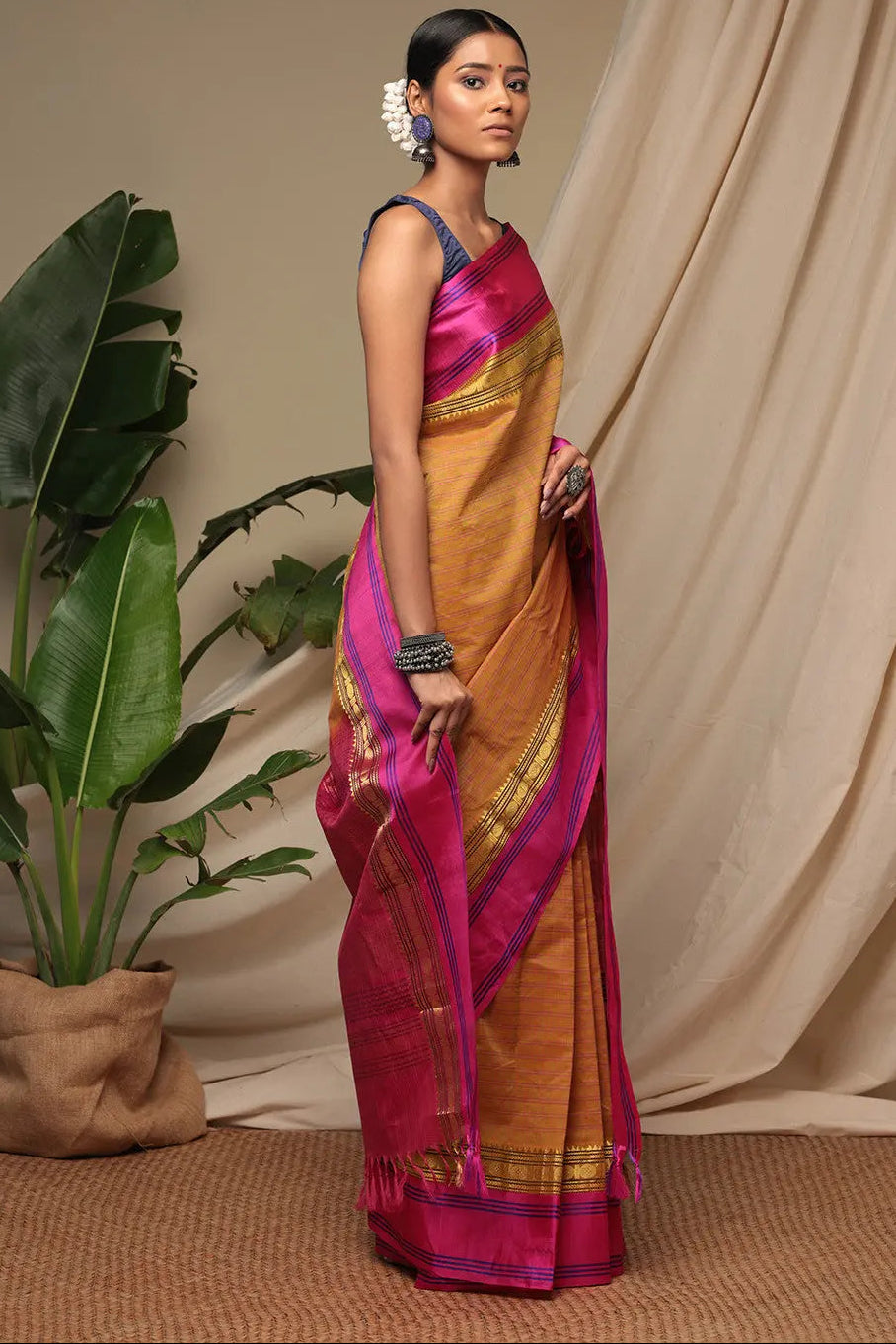 Handloom Honey Yellow Pure Cotton Kanchi Saree With Pure Silk Border And Pallu | SHOBITAM