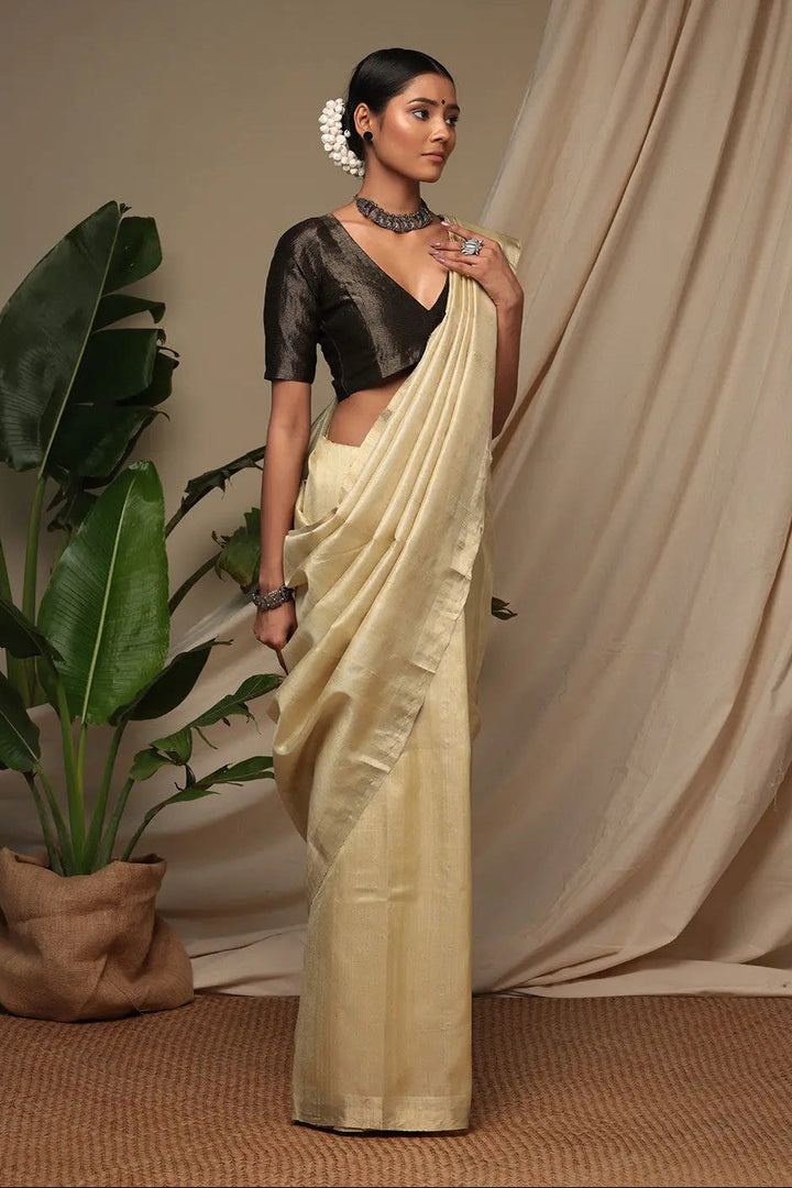 Handloom Almond White Pure Tussar Silk Saree With Zari Border | SILK MARK CERTIFIED | SHOBITAM