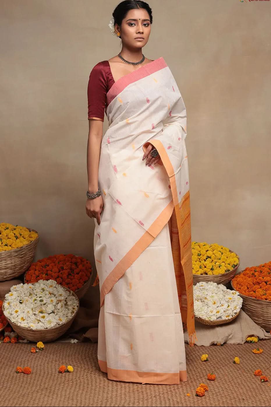 White Handloom Cotton Saree | SHOBITAM